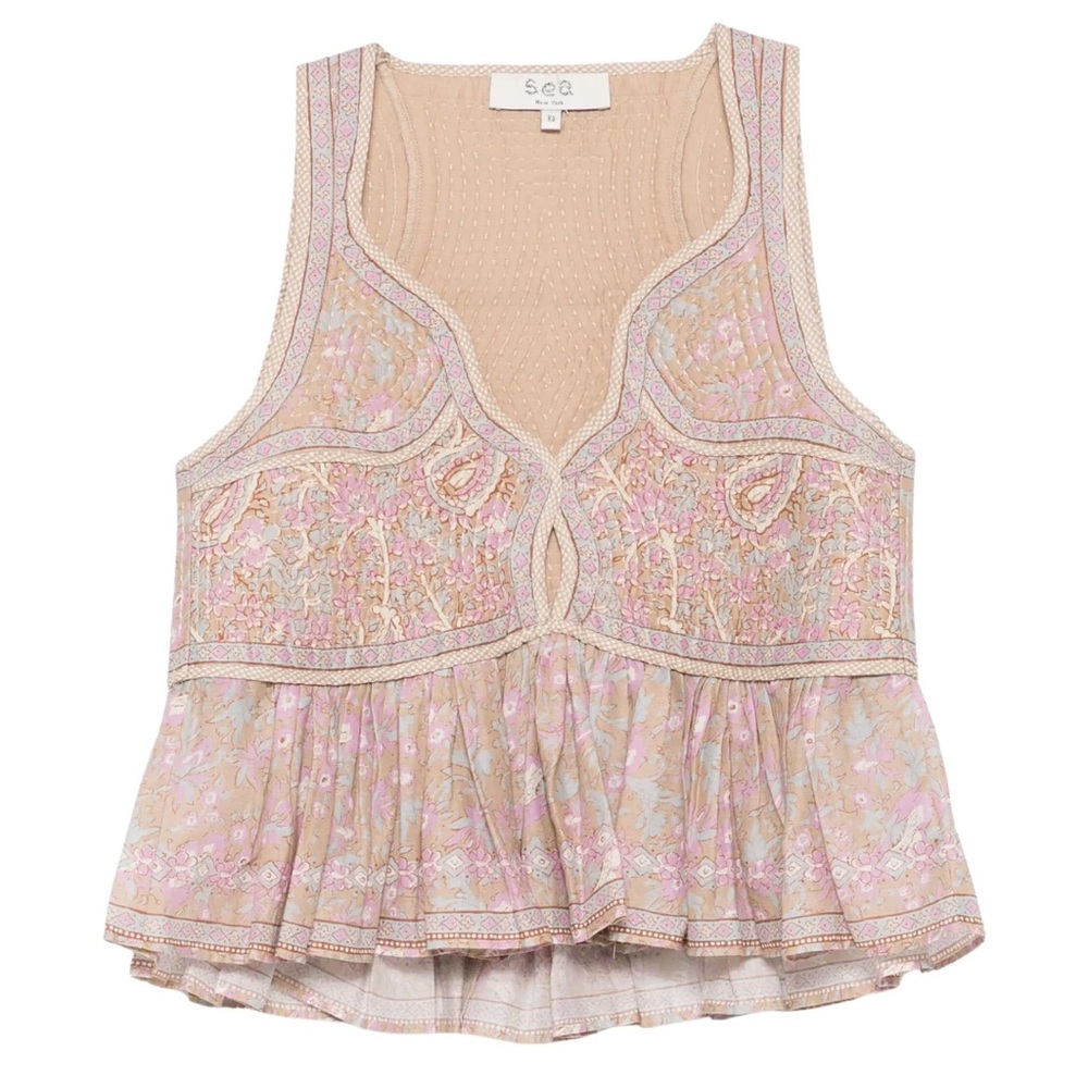 Sea Beige Peplum Tank with Pink and Lilac Embroidery